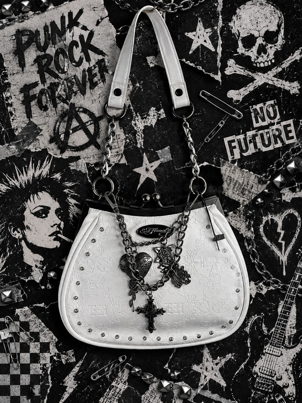 Ed Hardy White Embossed Shoulder Bag with Chain Charms